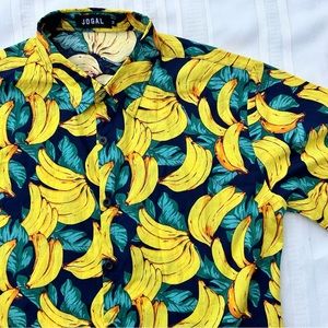 Jogal shirt button down banana print men’s medium blue yellow green 100%cotton